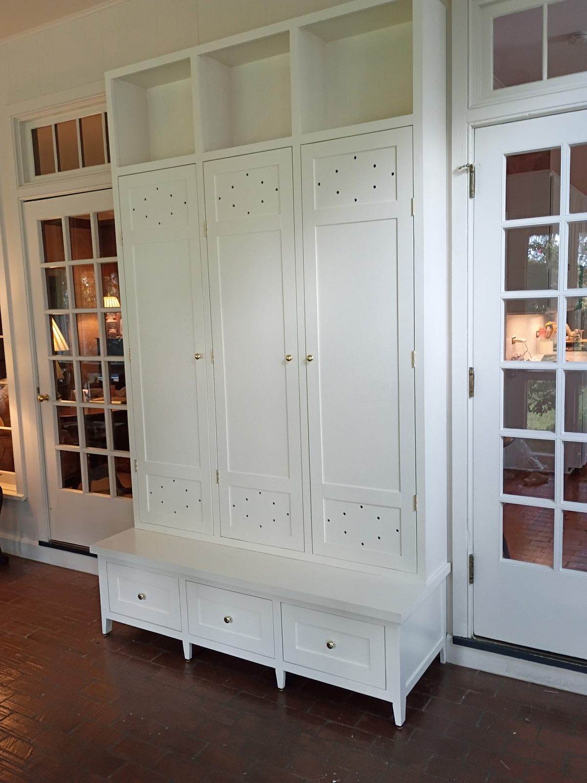 Finished hall tree locker, angled view