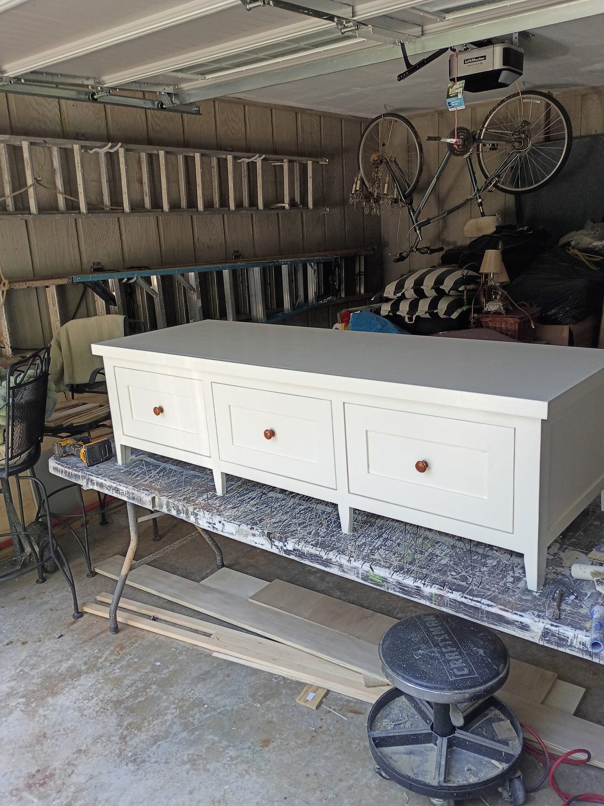 Hall tree bench under construction in Bradley Mitchell's shop